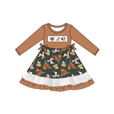 Long sleeves khaki cows chicken baby girls ruffle dress