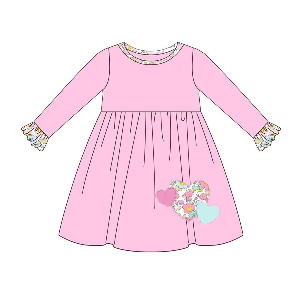 Long sleeves pink floral heart kids girls Valentine's day dress