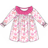 Long sleeves ruffle pink heart bow girls valentine's dress