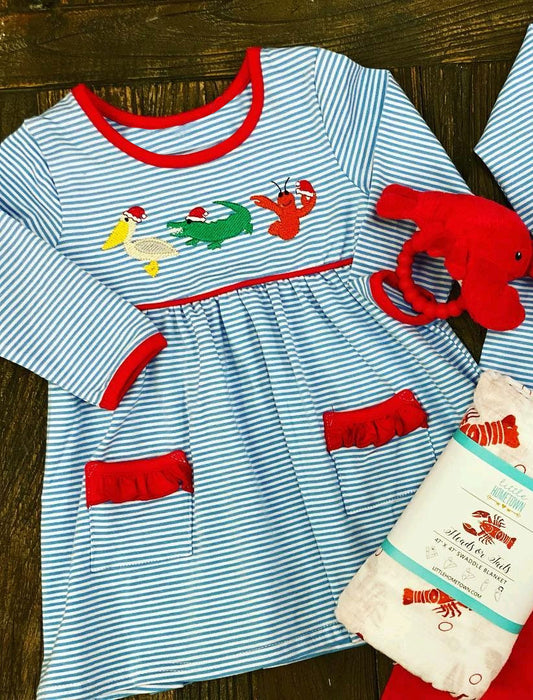 Stripe alligator pelican crawfish Christmas hat girls dresses