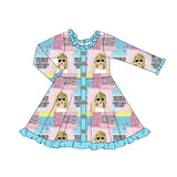 Blue ruffle long sleeves buttons singer girls dresses