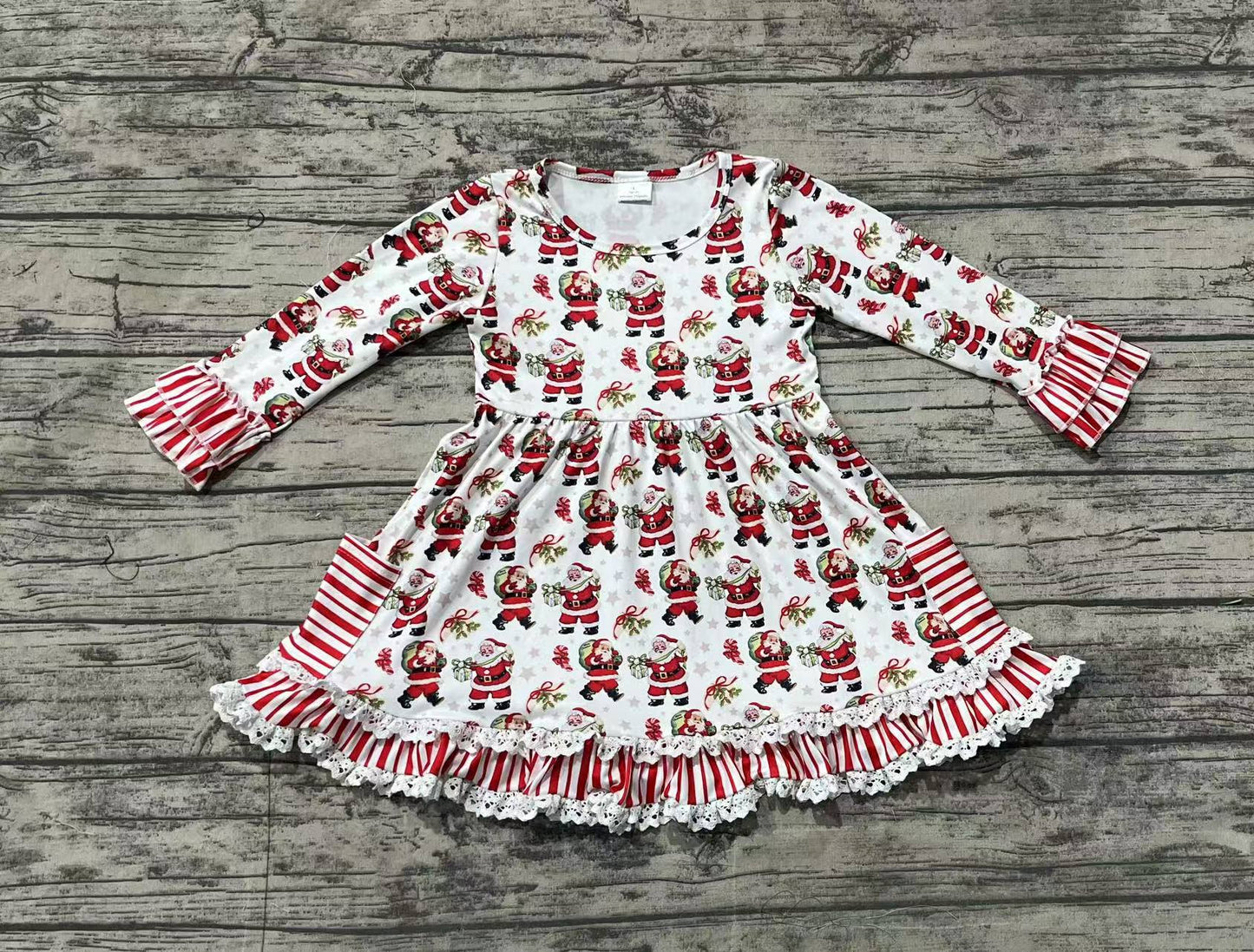 MOQ 3 pcs Red stripe ruffles santa kids girls Christmas dresses