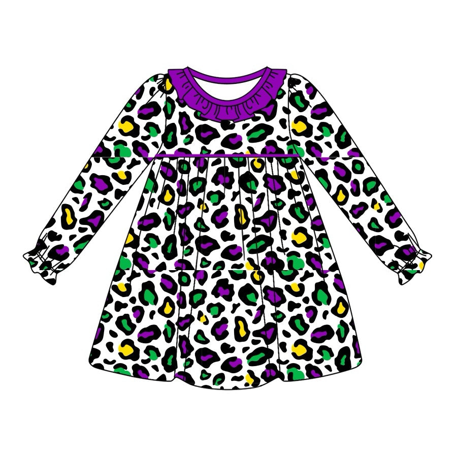 Purple ruffle leopard kids girls mardi gras dresses