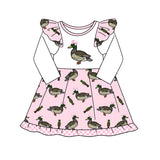 Long sleeves pink duck bow baby girls dresses