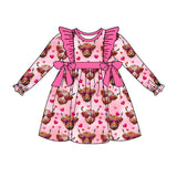 Long sleeves heart highland cow girls valentines dress