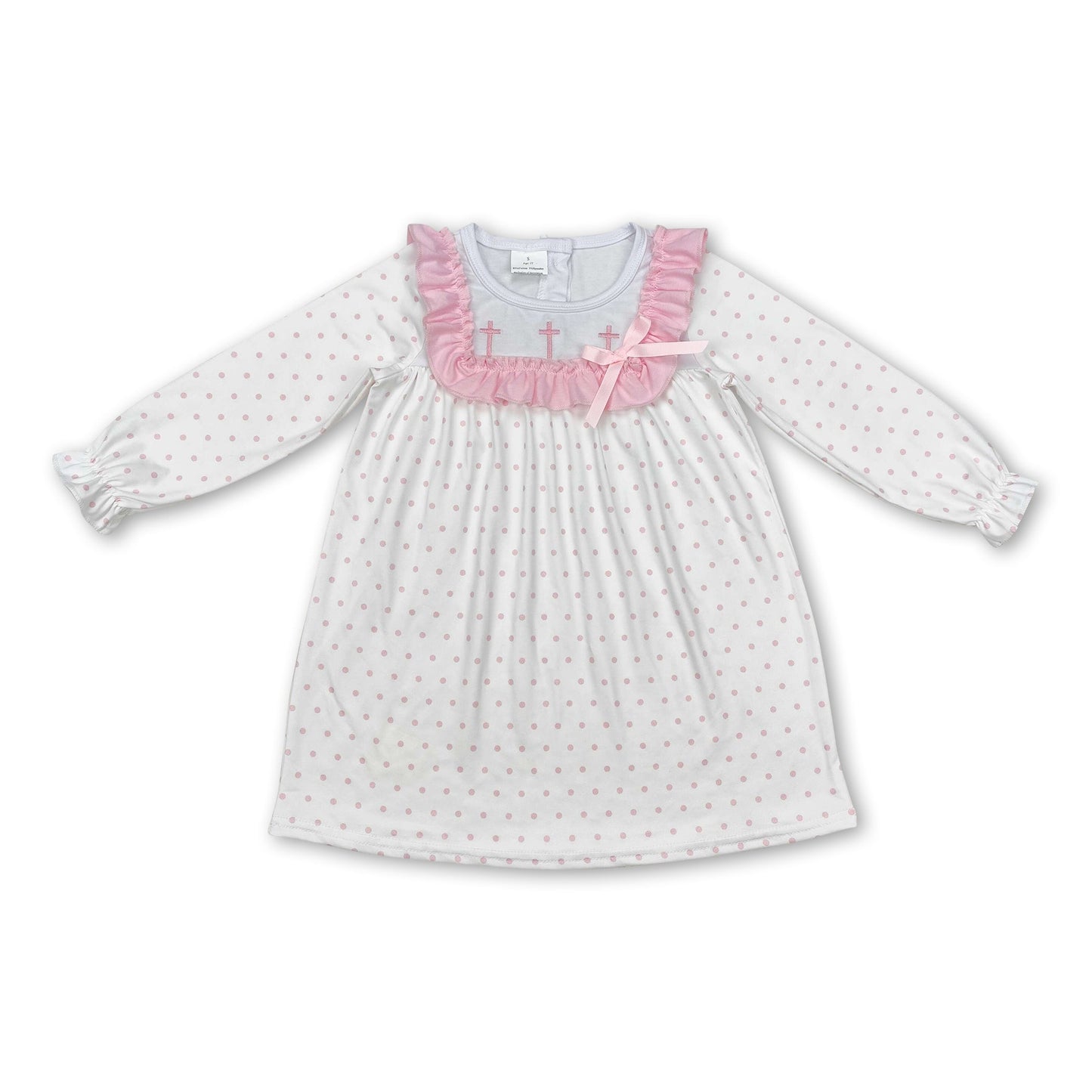 Pink polka dots long sleeves cross girls Easter dresses