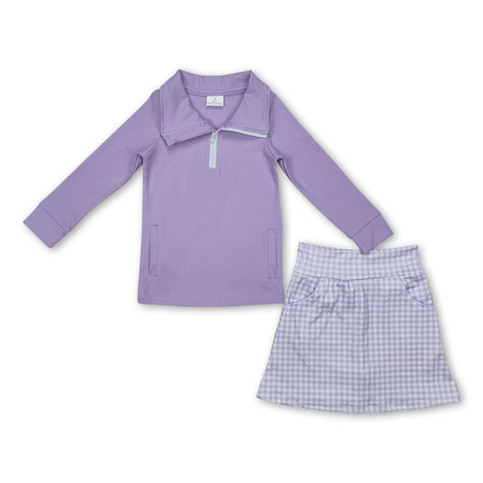 Long sleeves lavender top plaid skirt girls yoga clothes