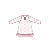 Long sleeves pink ruffle floral bow baby girls night dress