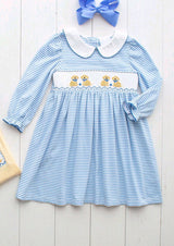 Long sleeves light blue stripe dog kids girls dresses