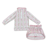 Pink stripe floral pullover skirt kids girls clothing set