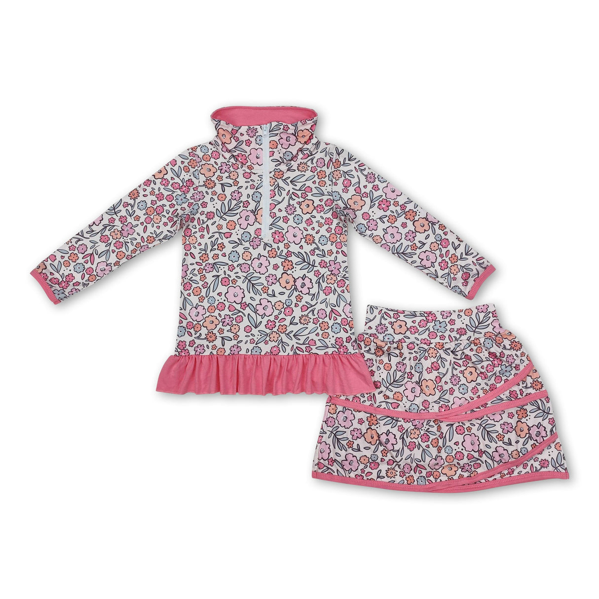 Pink ruffle floral pullover skirt kids girls clothing set