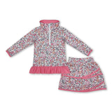 Pink ruffle floral pullover skirt kids girls clothing set