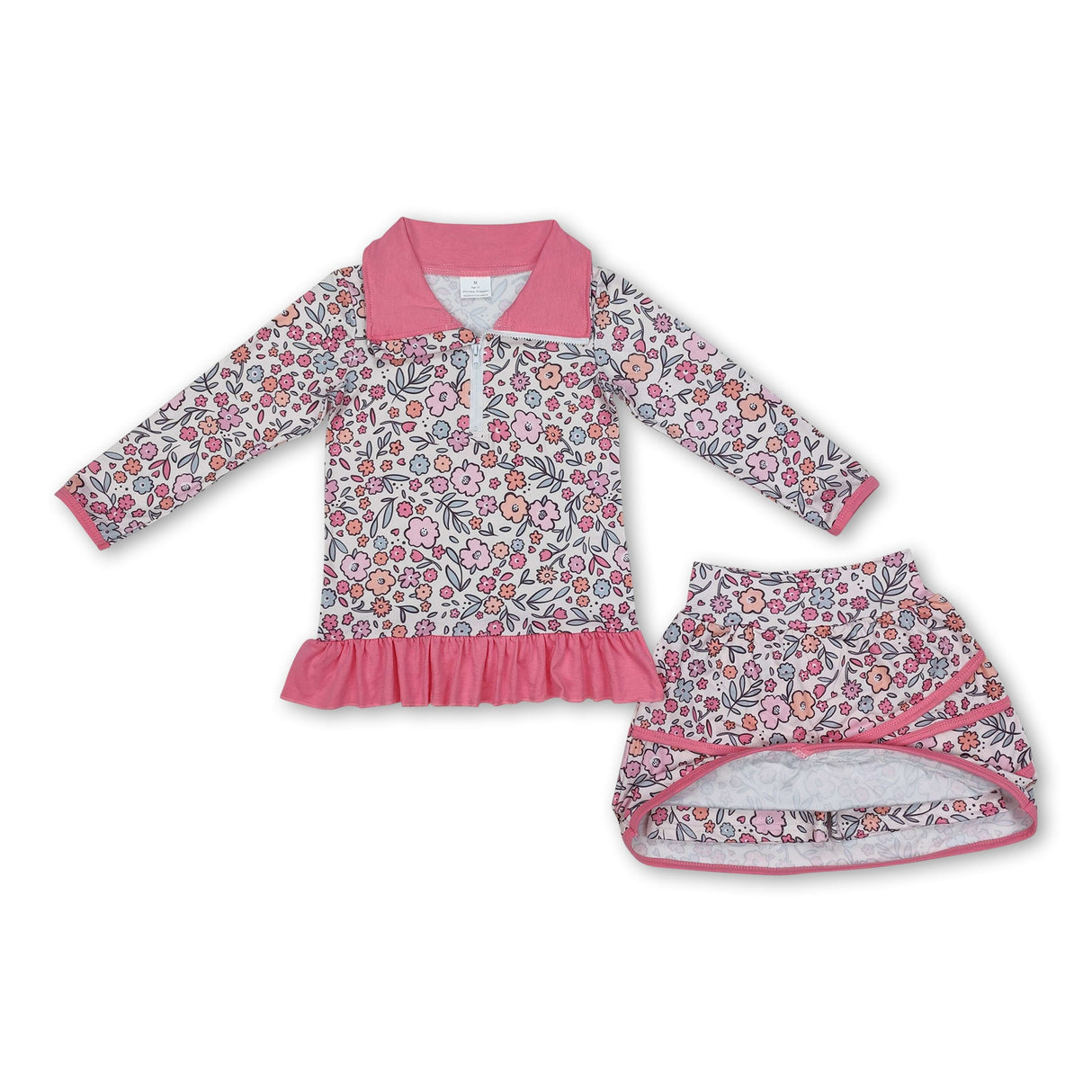 Pink ruffle floral pullover skirt kids girls clothing set