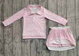 Long sleeves pink plaid bow pullover skirt girls clothes