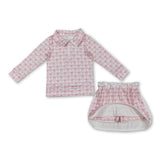 Long sleeves pink plaid bow pullover skirt girls clothes