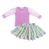 Long sleeves cotton top colorful bow skirt kids girls outfits
