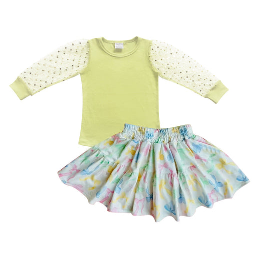 Yellow cotton top colorful bow skirt kids girls outfits