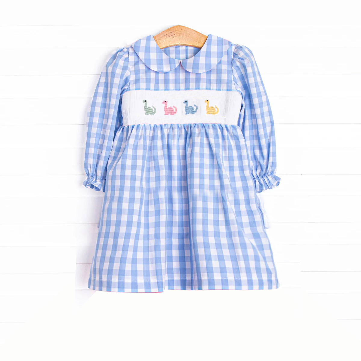 Blue plaid long sleeves dinosaur kids girls dresses