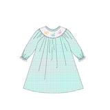Green plaid long sleeves dinosaur kids girls dresses
