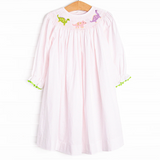 Pink polka dots long sleeves dinosaur kids girls dresses