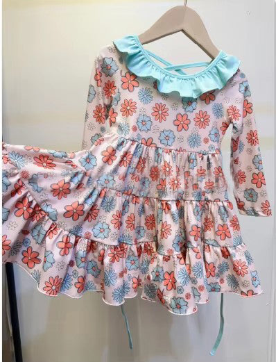 Long sleeves auqa ruffle floral patchwork girls fall dresses