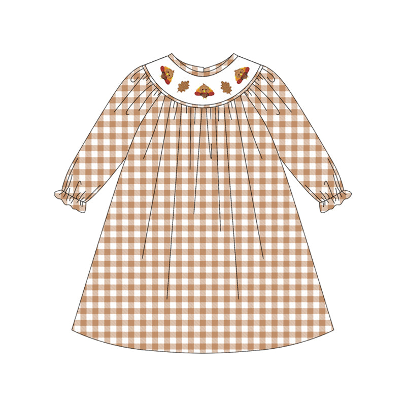 Khaki plaid turkey smocked girls Thanksgiving dress