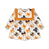 Long sleeves orange black bow kids girls Halloween dress