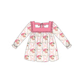 Long sleeves pink santa stripe ruffle girls Christmas dress