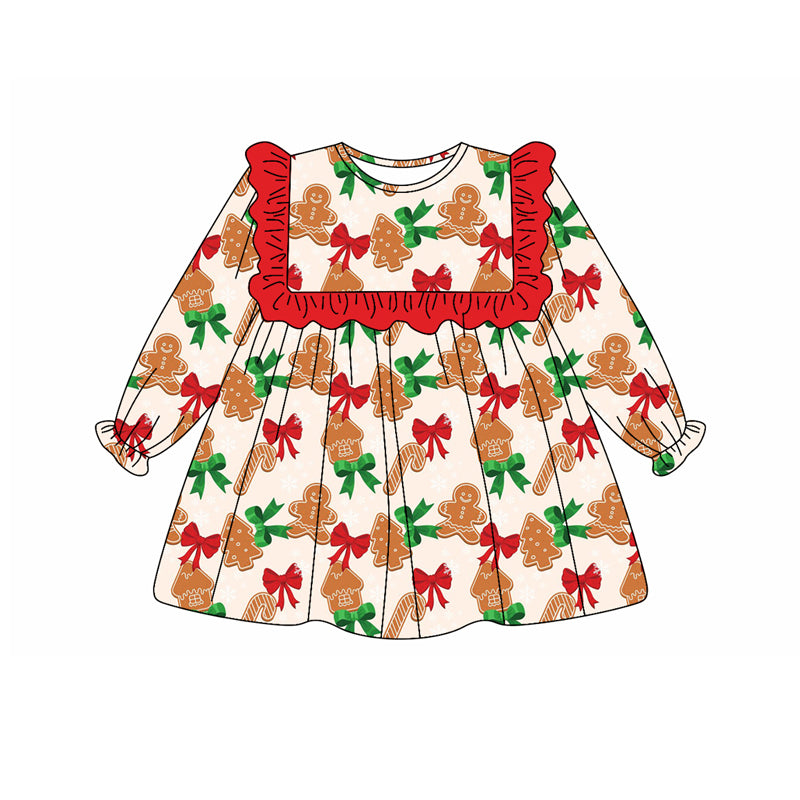 Long sleeves gingerbread bow kids girls Christmas dress