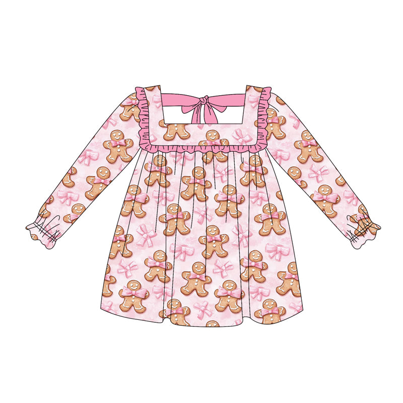 Long sleeves pink bow gingerbread girls Christmas dress