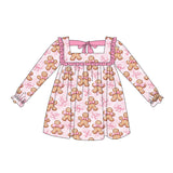 Long sleeves pink bow gingerbread girls Christmas dress