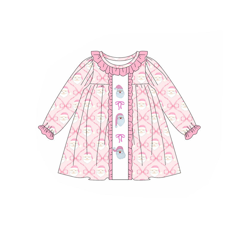 Long sleeves pink bow santa girls Christmas dresses