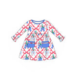 Long sleeves blue bow pockets kids girls dresses