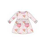 Long sleeves pink pockets leopard santa girls Christmas dress