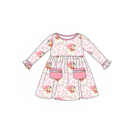 Long sleeves pink pockets leopard santa girls Christmas dress