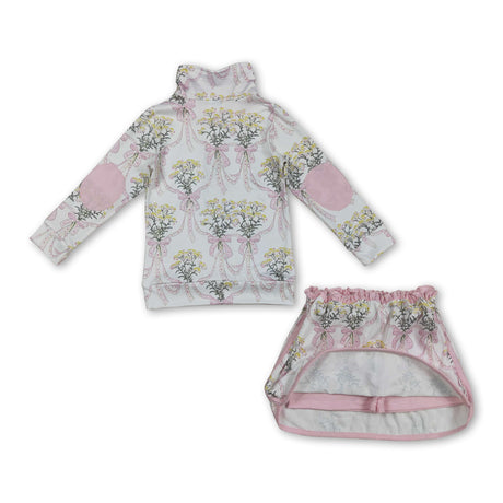 Long sleeves yellow floral bow pullover skirt girls clothing