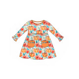 Long sleeves orange pockets pumpkin floral girls fall dress