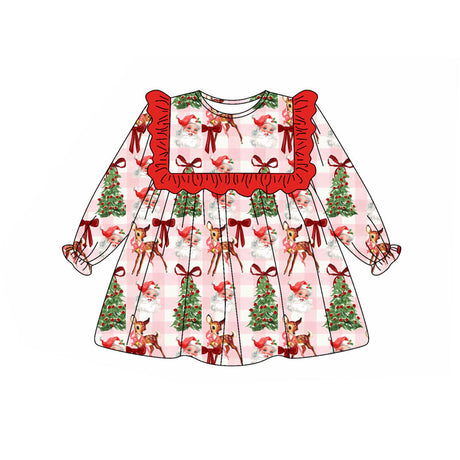Pink plaid Christmas tree bow santa girls dresses