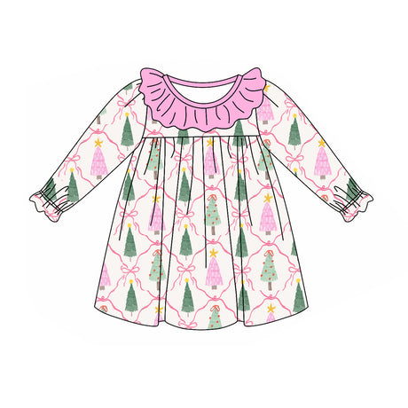 Pink ruffle long sleeves Christmas trees bow girls dress