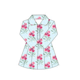 Long sleeves light blue floral kids girls athletic dress