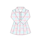 Long sleeves pink plaid bow kids girls athletic dress