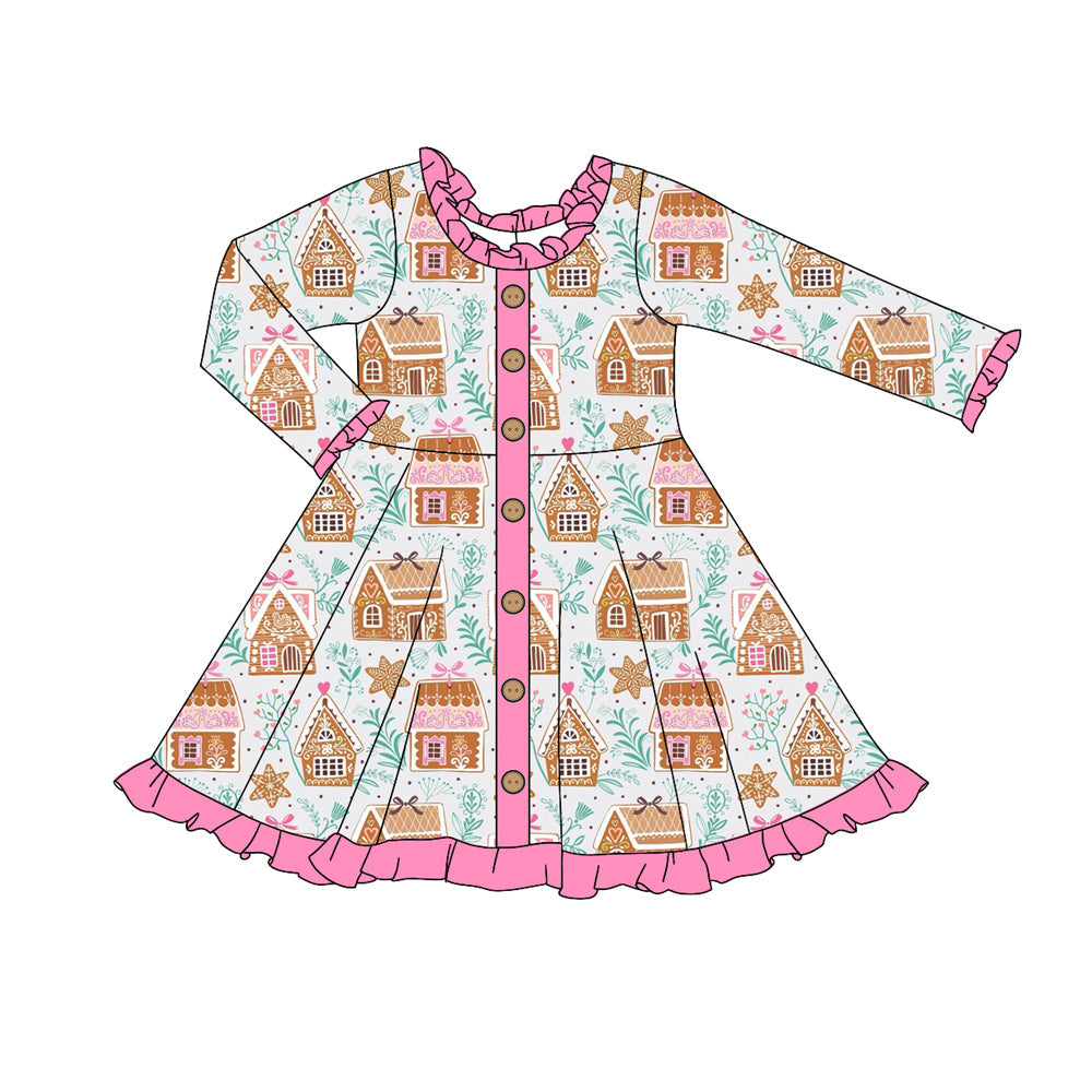 Pink ruffle long sleeves candy house kids girls Christmas dress