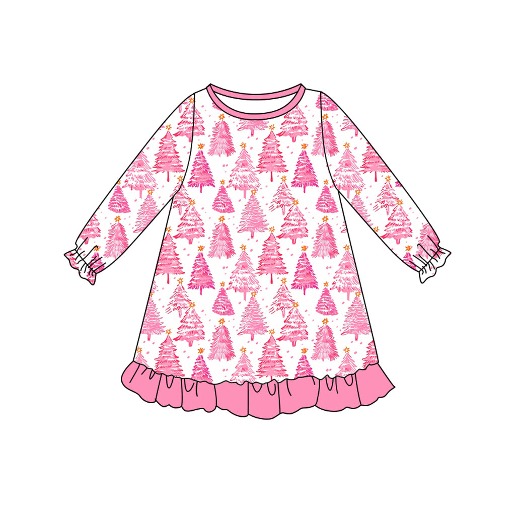 Pink Christmas tree ruffle kids girls Christmas dresses
