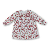 Long sleeves red bow candy cane girls Christmas dresses