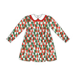 Long sleeves red green Christmas tree kids girls dresses