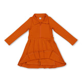 Long sleeves orange zipper kids girls athletic polo dress