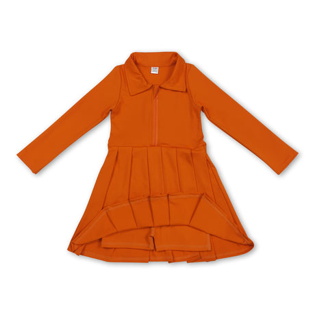 Long sleeves orange zipper kids girls athletic polo dress