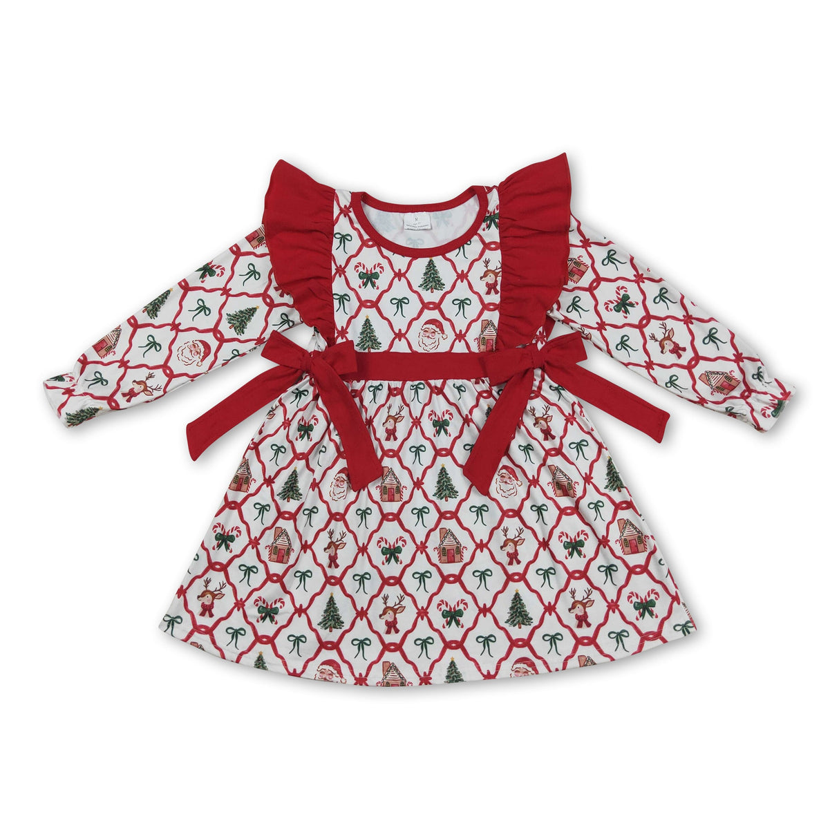 Long sleeves santa deer bow baby girls Christmas dresses