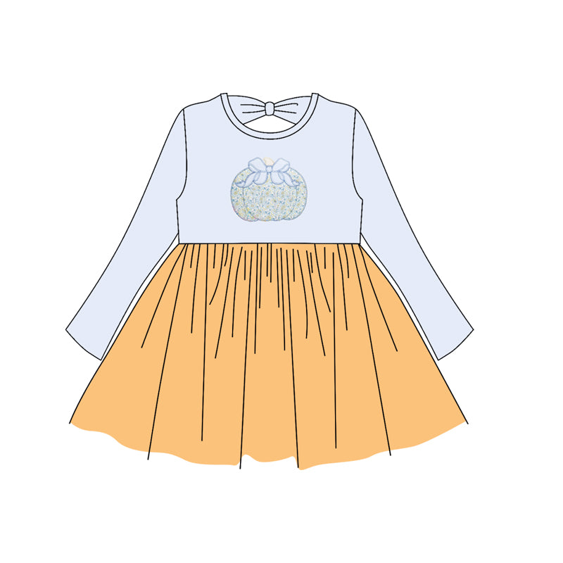 Long sleeves bow pumpkin tulle girls fall dresses
