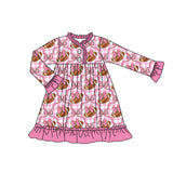 Long sleeves pink plaid bow football girls night dresses